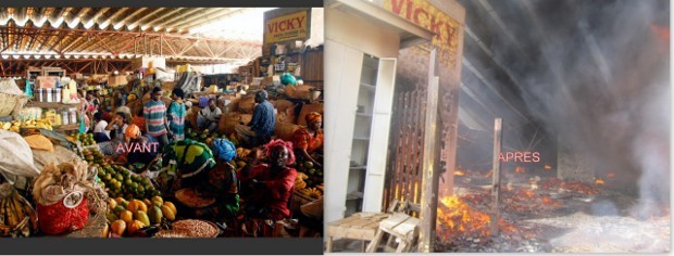 Photo montée pour illustrer le marché avant l'incendie et après le sinistre