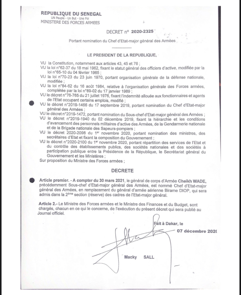 Chef d’Etat Major Général des Armées: Macky remplace Birame Diop par Cheikh Wade à partir du 30 mars 2021 Chef d’Etat Major Général des Armées: Macky remplace Birame Diop par Cheikh Wade à partir du 30 mars 2021