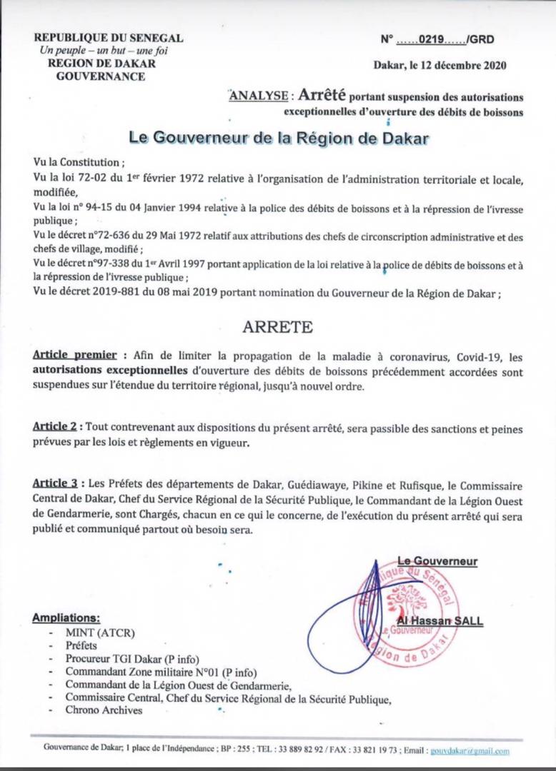 Covid-19: suspension des autorisations exceptionnelles de faire de la musique et d'ouverture des débits de boissons (Gouverneur de Dakar)