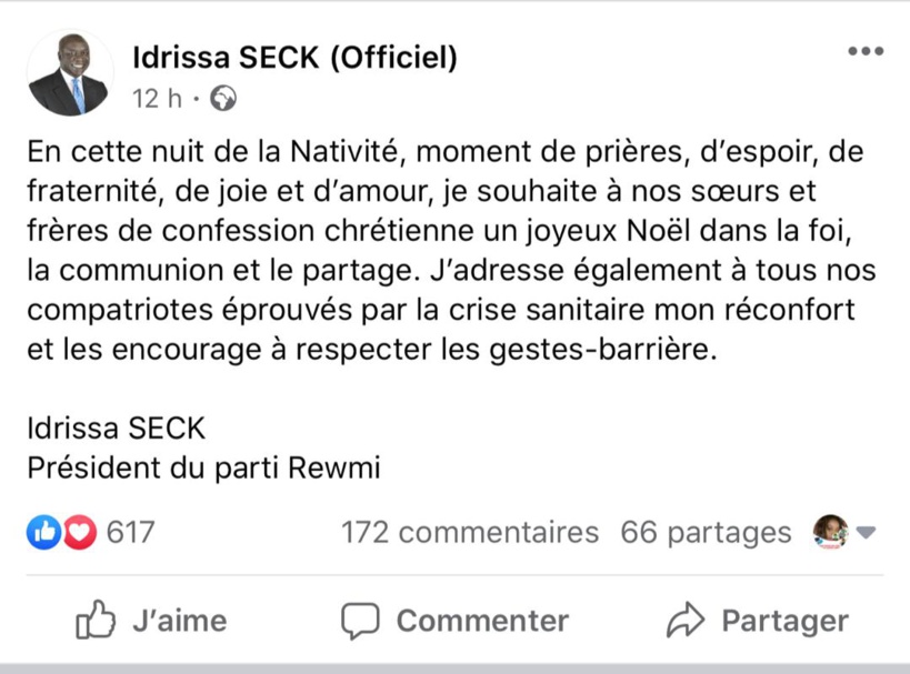 Noël-2020: le message d'Idrissa Seck à la communauté chrétienne Noël-2020: le message d'Idrissa Seck à la communauté chrétienne