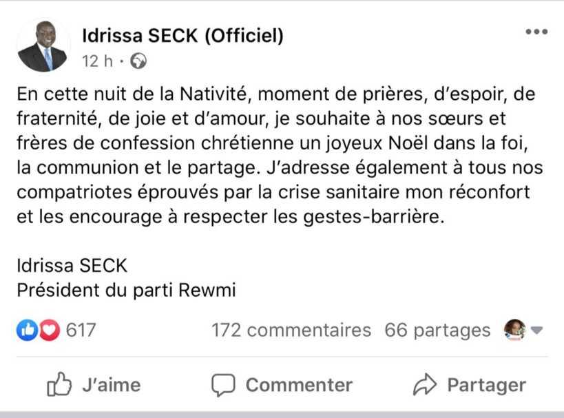 Noël-2020: le message d'Idrissa Seck à la communauté chrétienne