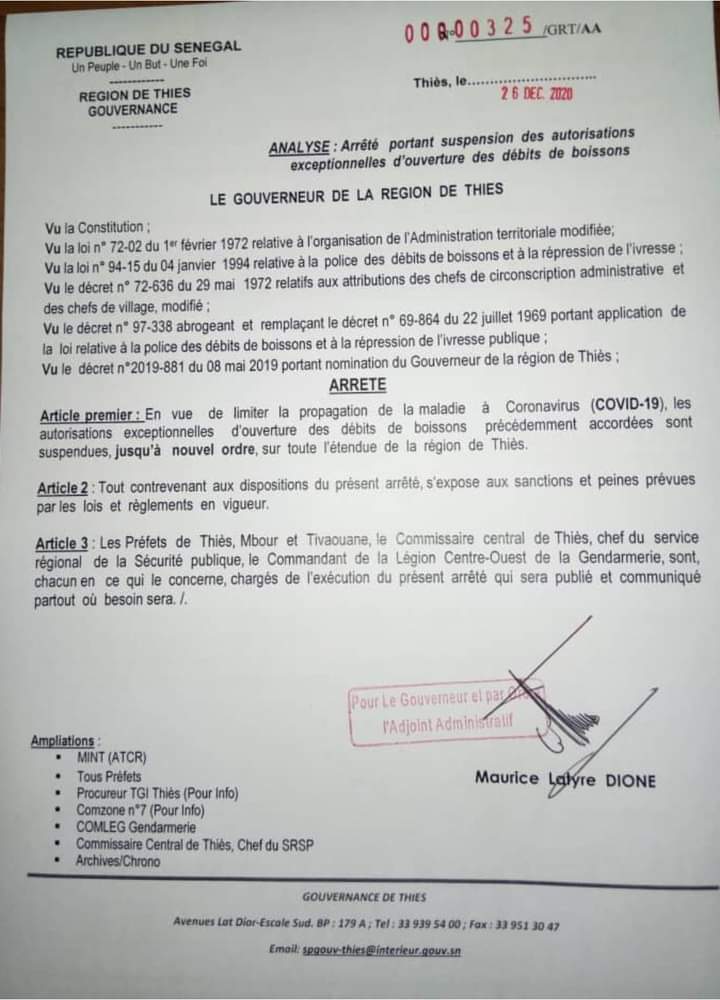 Interdiction ouverture des débits de boisson: le Gouverneur de Thies suit les pas de son collègue de Dakar