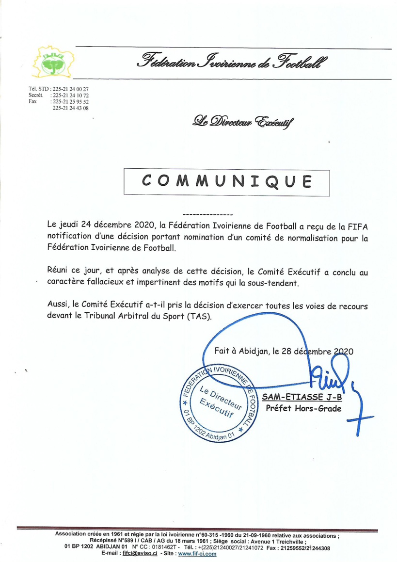 La Fédération Ivorienne de football traine la FIFA devant le TAS