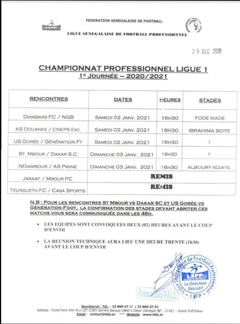 Le programme de la première journée de Ligue 1 Sénégal avec le choc Diambars-NGB du 02 janvier
