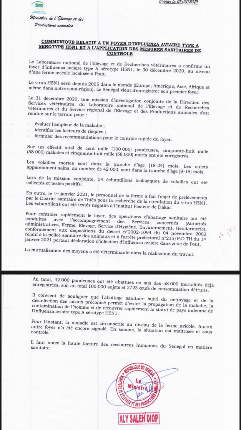 Foyer Influenza Aviaire de type H5N1 découvert à Pout: « la situation est maîtrisée », assure le ministre de l’Elevage Foyer Influenza Aviaire de type H5N1 découvert à Pout: « la situation est maîtrisée », assure le ministre de l’Elevage