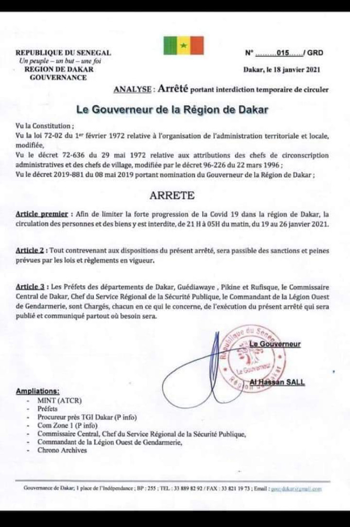 #Covid_19sn: le Gouverneur de Dakar brandit un arrêté pour interdire de circuler pendant le couvre-feu