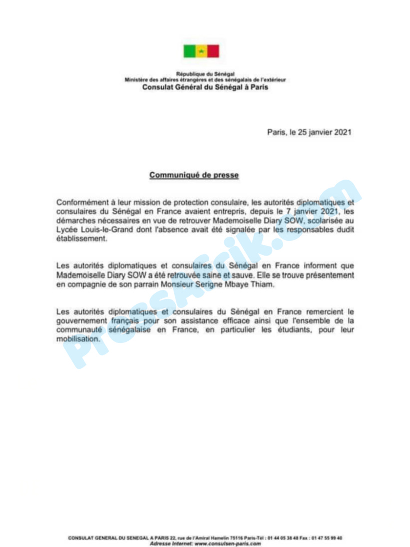 Paris: Diary Sow se trouve présentement en compagnie de son parrain Serigne Mbaye Thiam (Consulat)