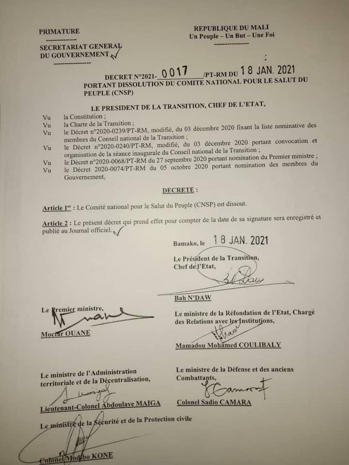 Mali: le Comité national pour le salut du peuple est dissout (décret)