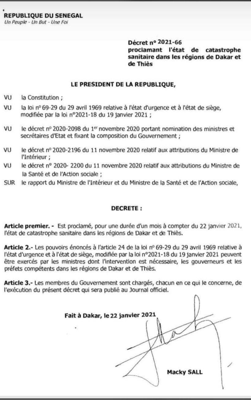 La Présidence sort le décret qui proroge le couvre-feu à Dakar et Thiès pour un mois La Présidence sort le décret qui proroge le couvre-feu à Dakar et Thiès pour un mois