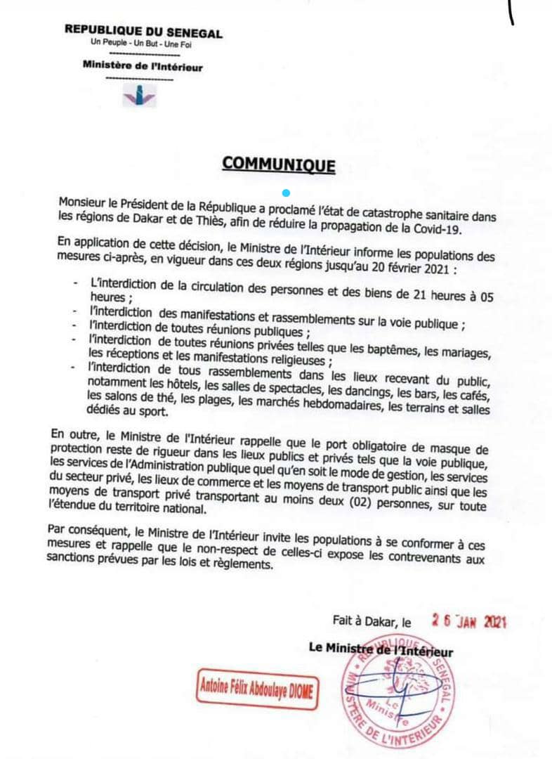 La Présidence sort le décret qui proroge le couvre-feu à Dakar et Thiès pour un mois