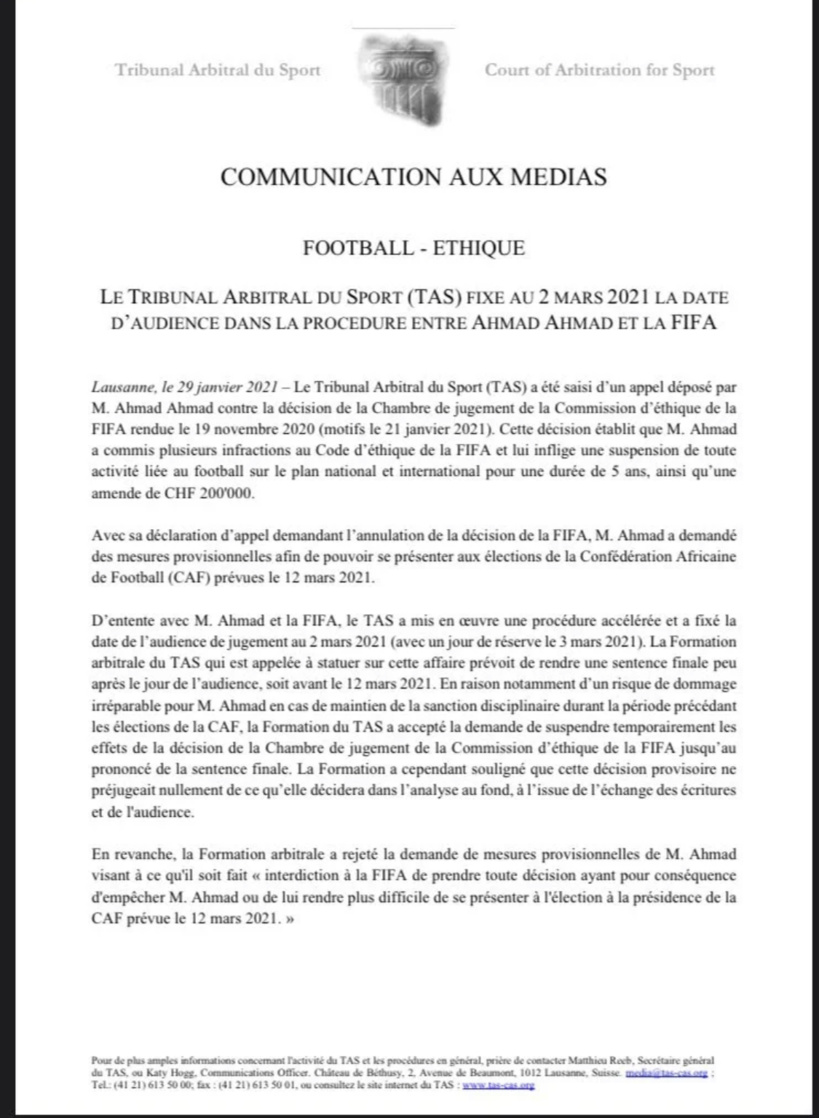 CAF : le TAS lève provisoirement la suspension d’Ahmad et le remet en lice pour les élections CAF : le TAS lève provisoirement la suspension d’Ahmad et le remet en lice pour les élections