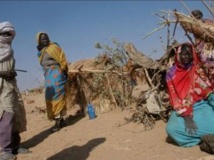 Réfugiés soudanais devant l'abri qu'ils ont construit à Djoran, dans le canton de Birak, au Tchad