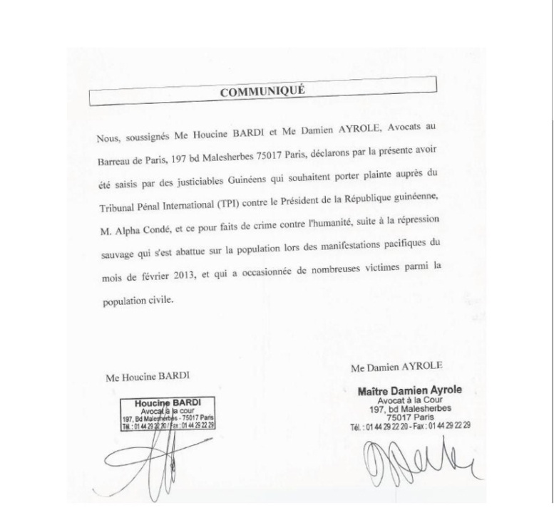 GUINEE – France : Plainte Contre Le Président Alpha Condé Pour Crime Contre L’humanité (Document)