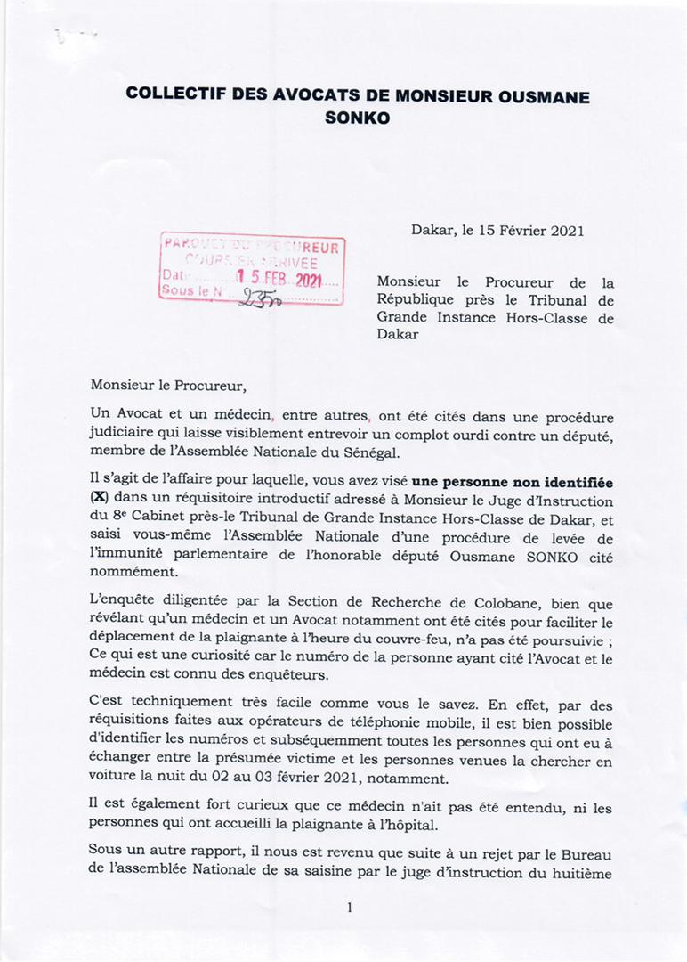 Lettre au Procureur : les avocats d'Ousmane Sonko étalent les «incongruités et vices de procédures » du dossier (Document)