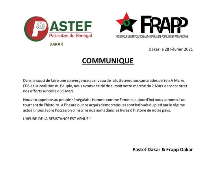 Pastef Dakar et Frapp se joignent au mouvement Y'en a Marre pour manifester le 5 mars