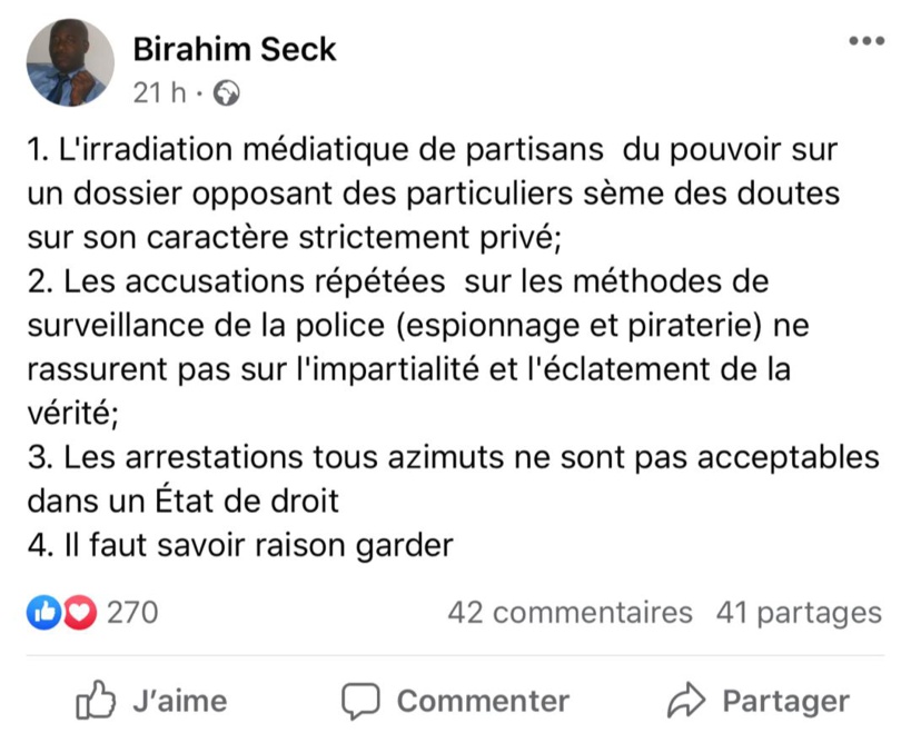 Birahim Seck sur l’affaire Sonko : « L’irradiation médiatique des gens du pouvoir sème le doute… »
