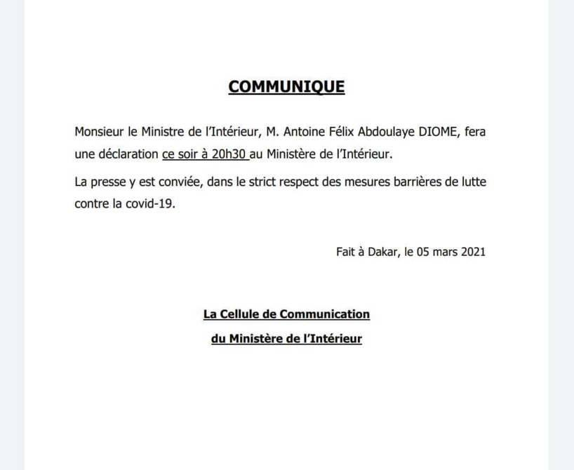 Le ministre de l'Intérieur fera une déclaration ce soir à 20h30 Le ministre de l'Intérieur fera une déclaration ce soir à 20h30