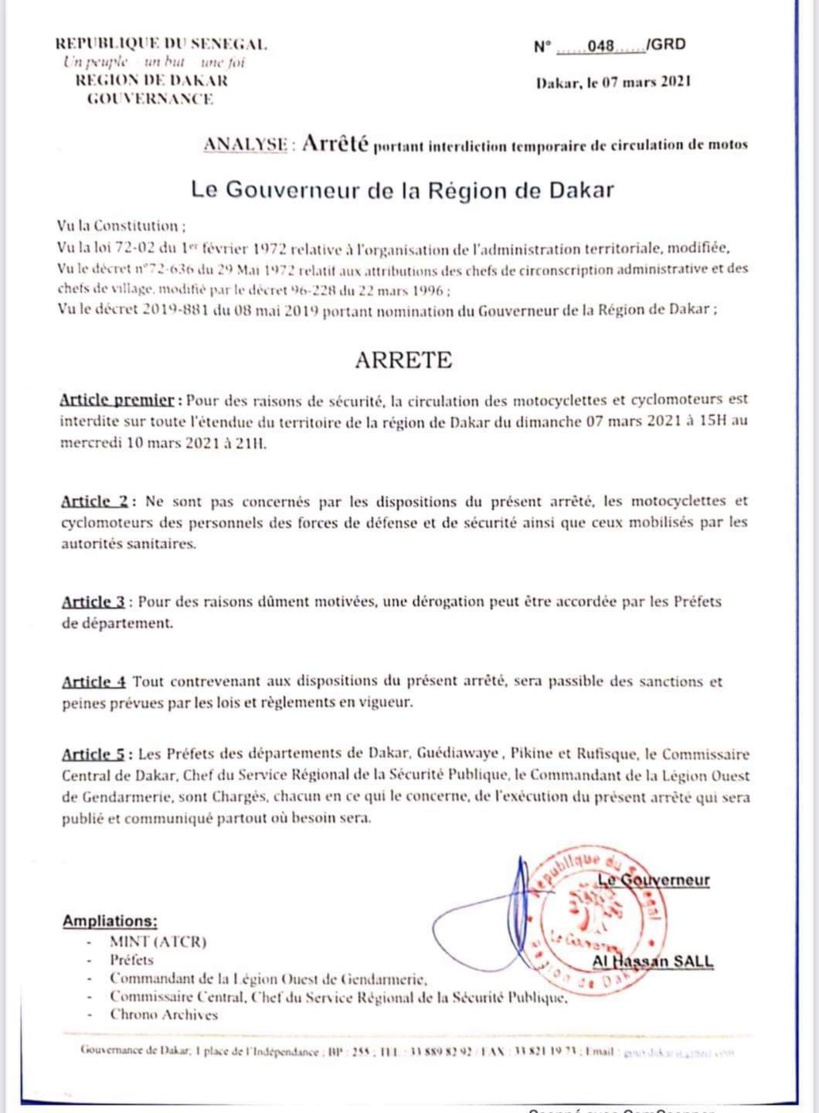 Le gouverneur de Dakar interdit la circulation des deux roues jusqu’au 10 mars