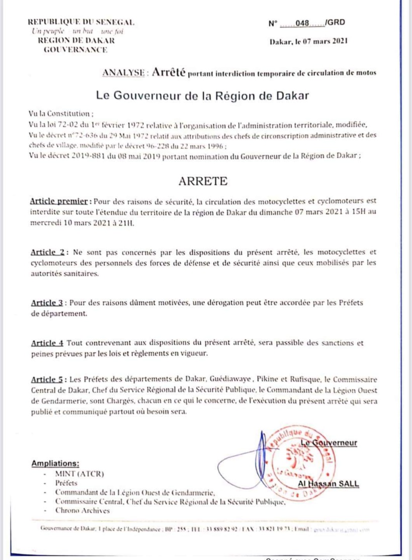 Le gouverneur de Dakar interdit la circulation des deux roues jusqu’au 10 mars Le gouverneur de Dakar interdit la circulation des deux roues jusqu’au 10 mars