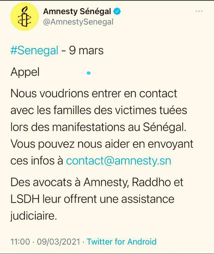 Amnesty Sénégal cherche à entrer en contact avec les familles des victimes