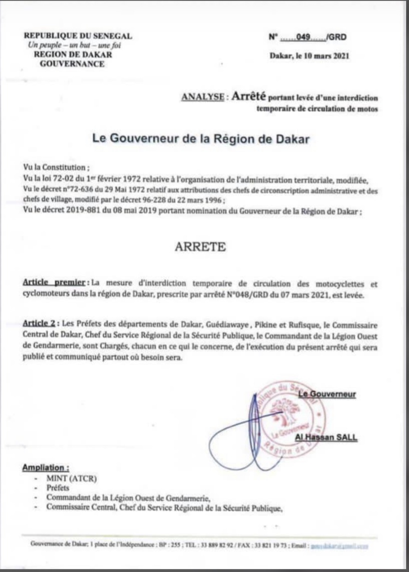 Interdiction de circulation des motos : la mesure levée Interdiction de circulation des motos : la mesure levée