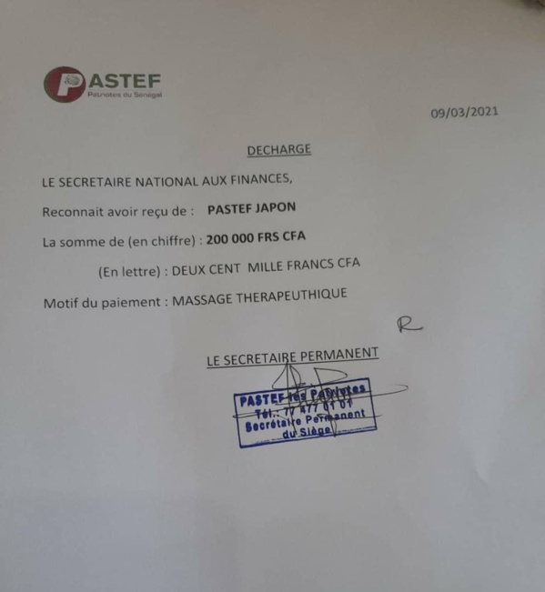 Les membres de Pastef Japon ont payé la première facture de massage thérapeutique de Ousmane Sonko Les membres de Pastef Japon ont payé la première facture de massage thérapeutique de Ousmane Sonko