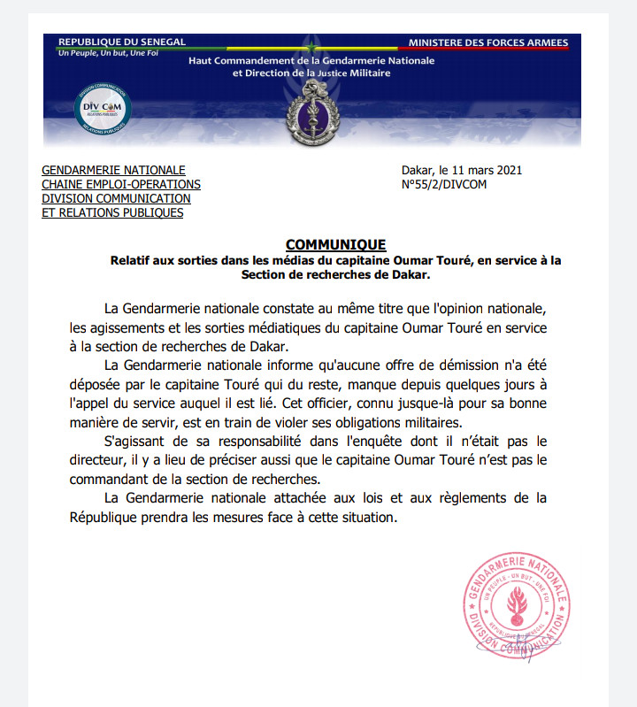 Sortie médiatique du Capitaine Touré: La Gendarmerie nationale va "prendre des mesures" 