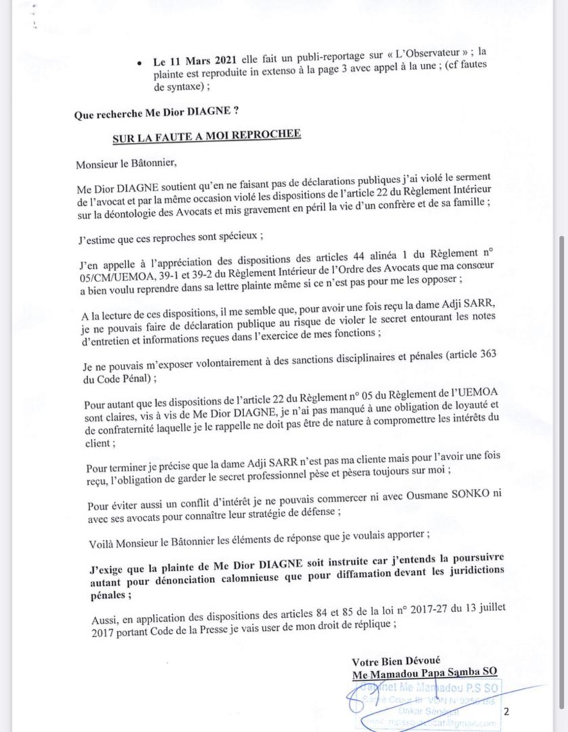 Me Papa Samba So dit n'avoir jamais rédigé la plainte de Adji Sarr, et entend poursuivre en retour Me Diagne pour "dénonciation calomnieuse" Me Papa Samba So dit n'avoir jamais rédigé la plainte de Adji Sarr, et entend poursuivre en retour Me Diagne pour "dénonciation calomnieuse"