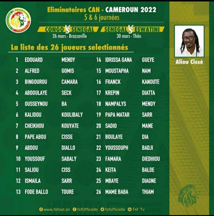 Éliminatoires CAN 2021: Aliou Cissé publie une liste de 26 joueurs 
