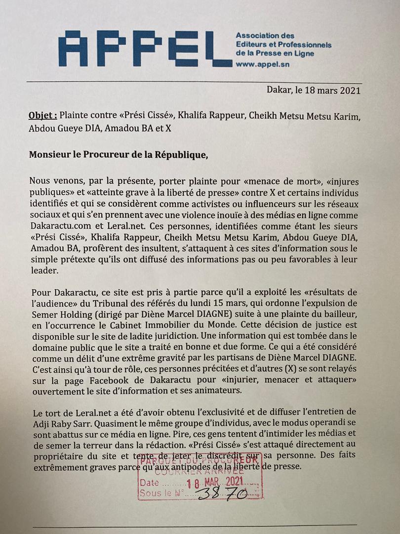 "Menaces et injures" contre Dakaractu et Leral : APPEL porte plainte devant le Procureur