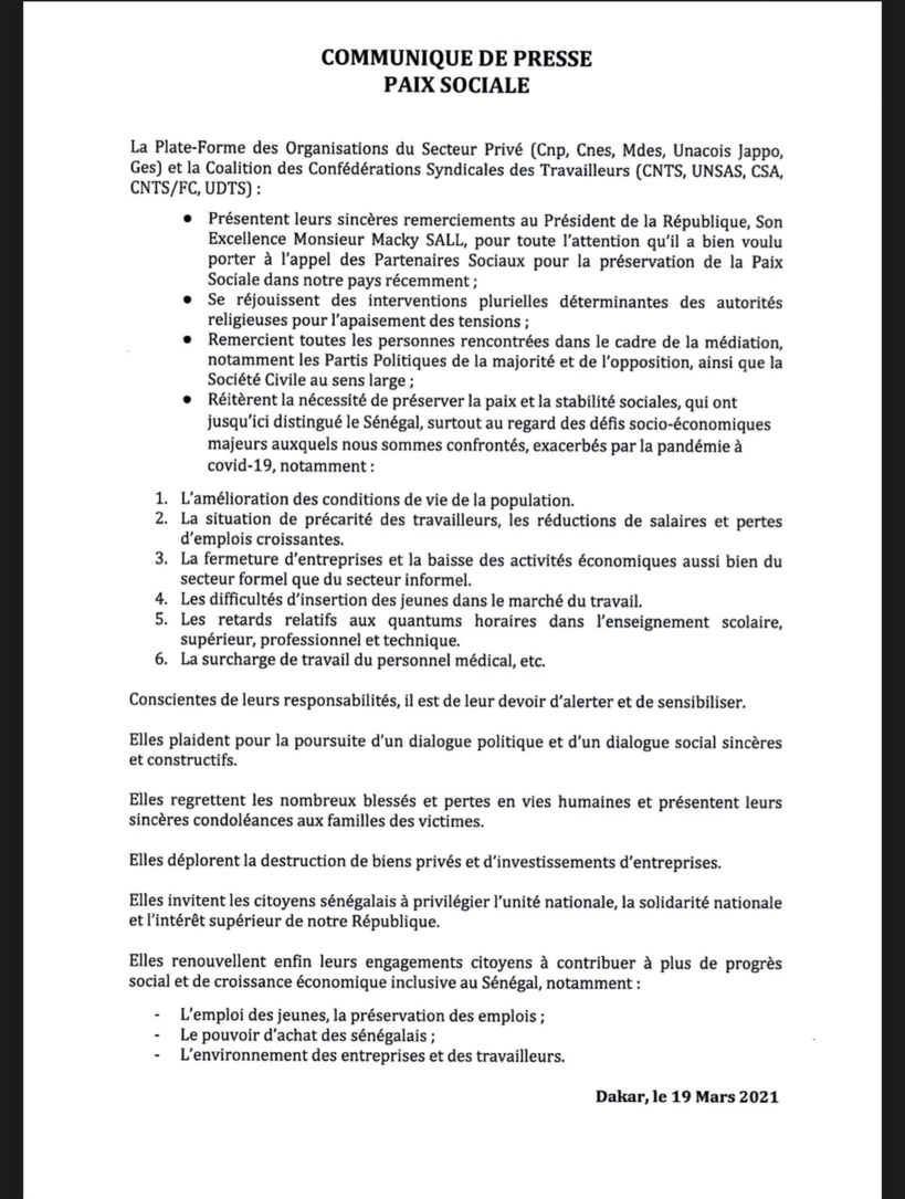 Sénégal : des Organisations du Secteur Privé et des Centrales Syndicales des Travailleurs alertent et sensiblent Sénégal : des Organisations du Secteur Privé et des Centrales Syndicales des Travailleurs alertent et sensiblent