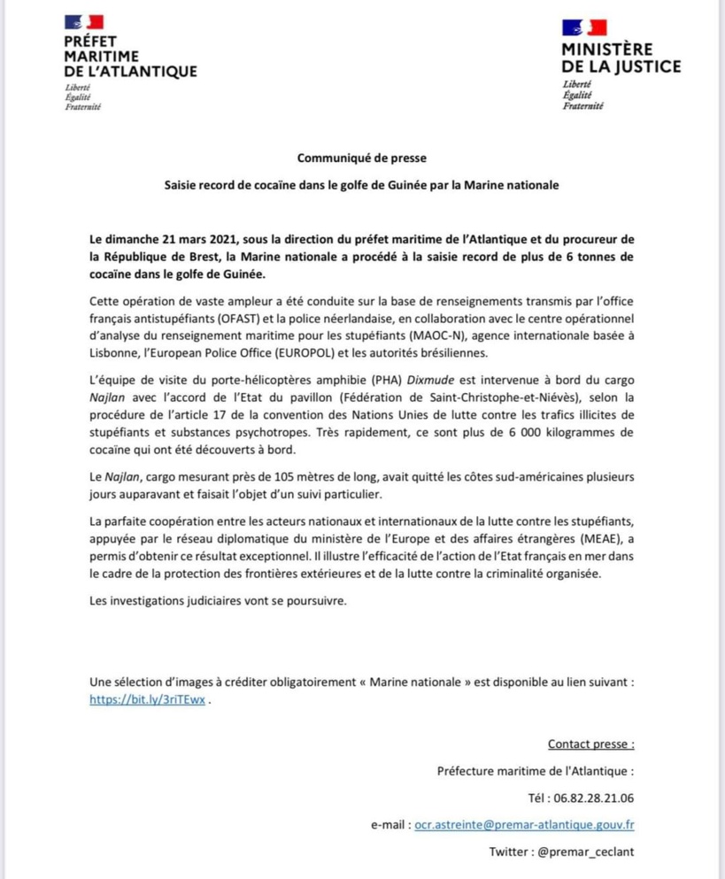 Saisie record de 6 tonnes de cocaïne dans le golfe de Guinée par la Marine nationale française Saisie record de 6 tonnes de cocaïne dans le golfe de Guinée par la Marine nationale française