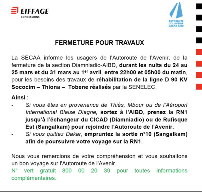 Autoroute de l’Avenir: fermeture de la section Diamniadio-AIBD pour travaux Autoroute de l’Avenir: fermeture de la section Diamniadio-AIBD pour travaux