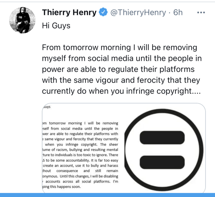 Thierry Henry se retire des Réseaux Sociaux pour dénoncer leur laxisme face au racisme Thierry Henry se retire des Réseaux Sociaux pour dénoncer leur laxisme face au racisme