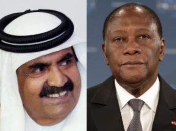 L'émir du Qatar Cheikh Hamad Ben Khalifa al-Thani (g.) et le président ivoirien Alassane Ouattara. REUTERS/Mohammed Dabbous/Eric Gaillard/montage RFI
