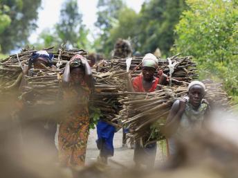 Un groupe d’habitantes de Bunagana ramène du bois de chauffe. REUTERS/James Akena