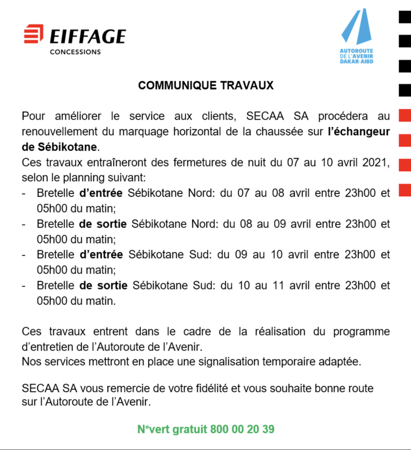Travaux sur l’Échangeur de Sébikotane: les horaires de fermeture de nuit communiqués par la SECAA SA Travaux sur l’Échangeur de Sébikotane: les horaires de fermeture de nuit communiqués par la SECAA SA