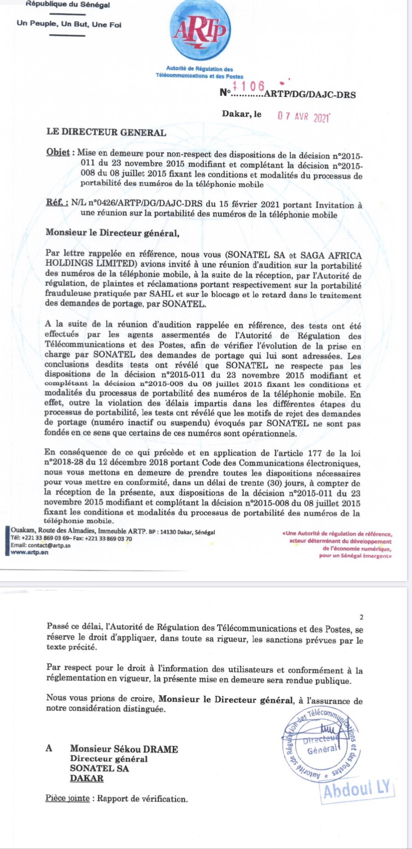 Non-respect des modalités du processus de portabilité des numéros de la téléphonie mobile : l’Artp met en demeure la Sonatel