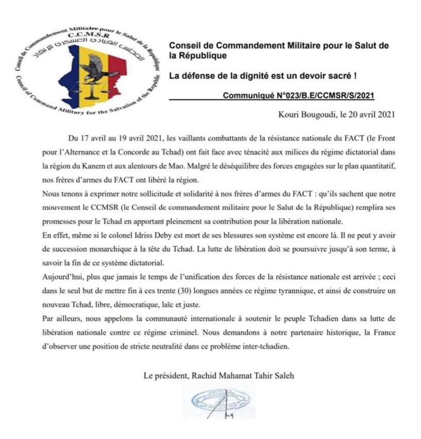 #Tchad - Le CCMSR promet soutien au FACT et met en garde la France #Tchad - Le CCMSR promet soutien au FACT et met en garde la France