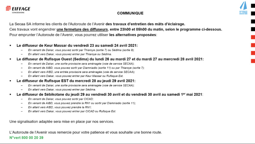 Travaux d’entretien mâts éclairage de l’Autoroute de l’Avenir: les heures de fermeture des Diffuseurs