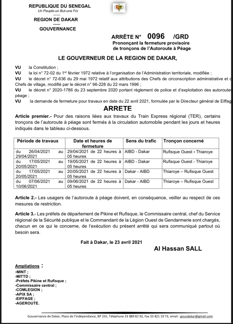 Travaux du TER: le Gouverneur de Dakar sort un arrêté pour divulguer les jours et heures de fermeture de l’autoroute à péage Travaux du TER: le Gouverneur de Dakar sort un arrêté pour divulguer les jours et heures de fermeture de l’autoroute à péage