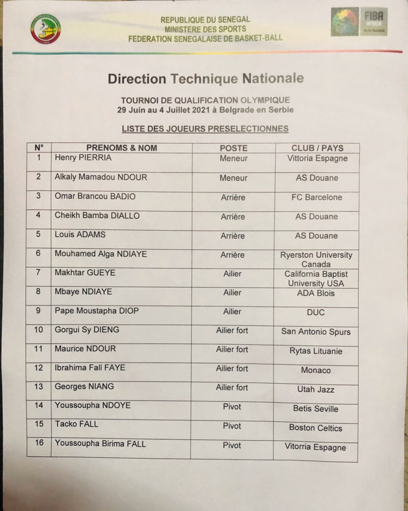 JO Tokyo: voici la liste des 16 « Lions » convoqués par Boniface Ndong pour le tournoi qualificatif de Belgrade JO Tokyo: voici la liste des 16 « Lions » convoqués par Boniface Ndong pour le tournoi qualificatif de Belgrade