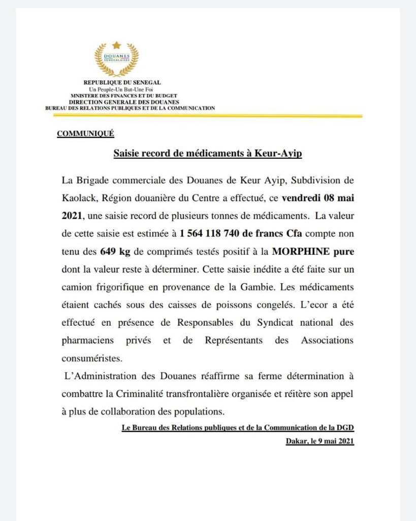 La Douane sénégalaise fait une saisie record de médicaments à Keur Ayib La Douane sénégalaise fait une saisie record de médicaments à Keur Ayib
