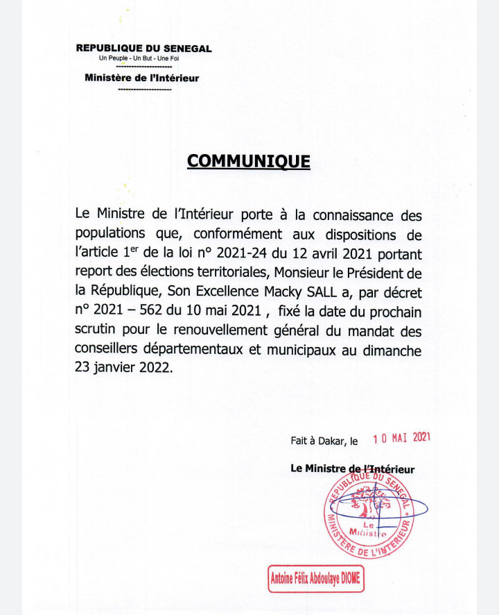 Sénégal : les élections locales fixées au 23 janvier 2022 (décret)