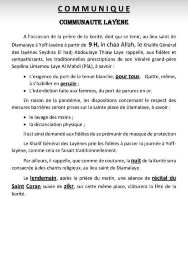 Prière de la Korité à Yoff : les prescriptions chez la communauté Layène (Document) Prière de la Korité à Yoff : les prescriptions chez la communauté Layène (Document)