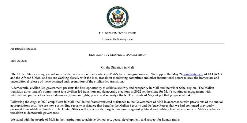 Les USA suspendent leur assistance militaire aux Forces de sécurité du Mali et menace