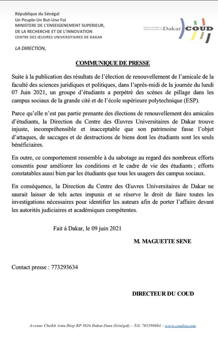 Scènes de pillage au campus : Le DG du Coud annonce une traque contre les auteurs