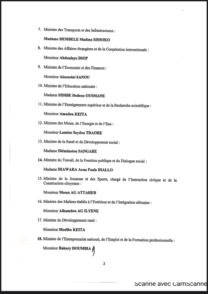 La liste du nouveau Gouvernement du Mali avec 25 ministres