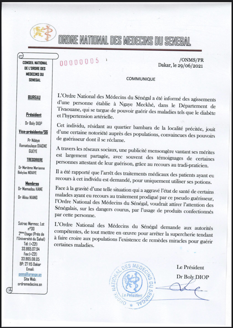 Ngaye Mékhé: l’Ordre des médecins du Sénégal demande aux autorités d’arrêter un tradi-praticien qui met en danger les malades de diabète et hypertension artérielle