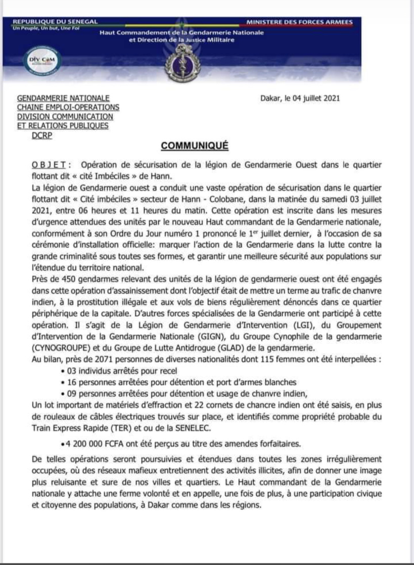 Opération de sécurisation de la gendarmerie à la « Cité Imbécile »: 2071 personnes interpellées